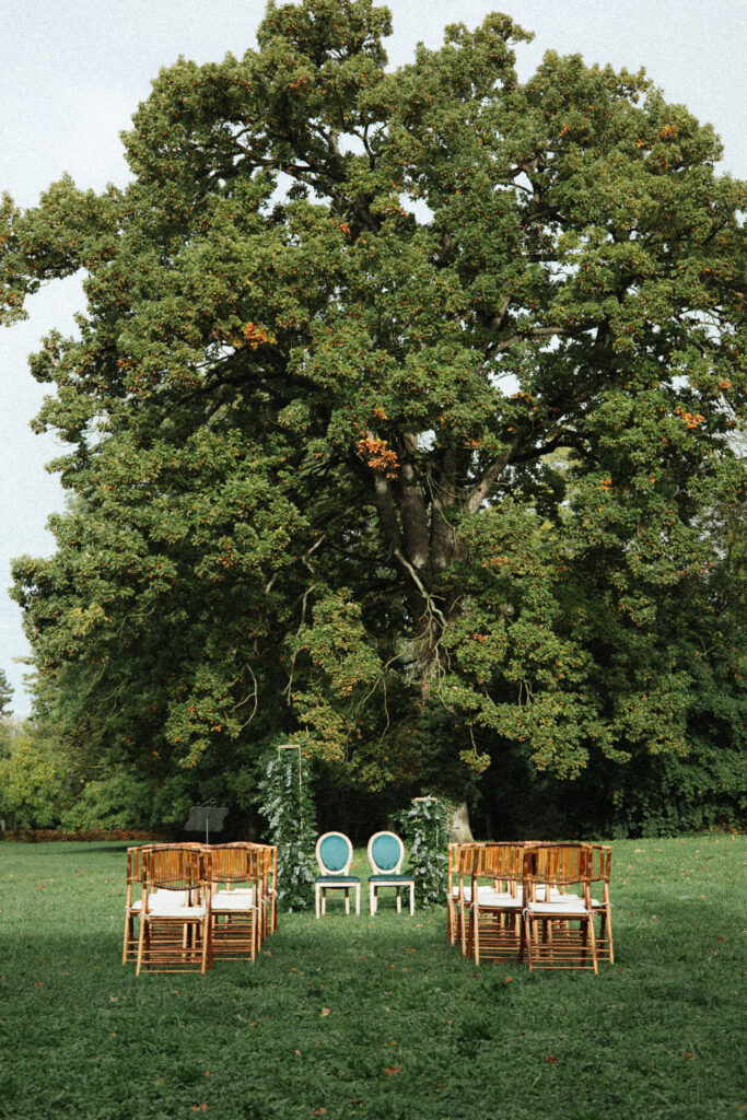 Cérémonie laïque en plein air au château d’Art-sur-Meurthe avec arche florale et chaises disposées sous un grand arbre