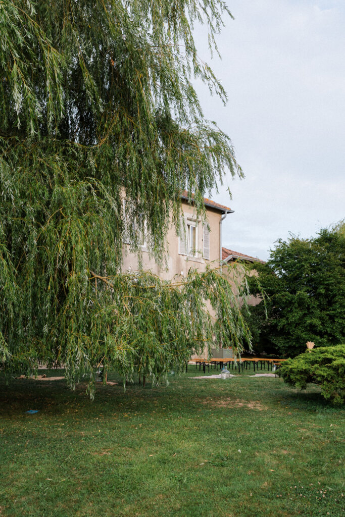 Jardin arboré du Petit Château de Seicheprey. Un saule pleureur au premier plan et le château en arrière plan